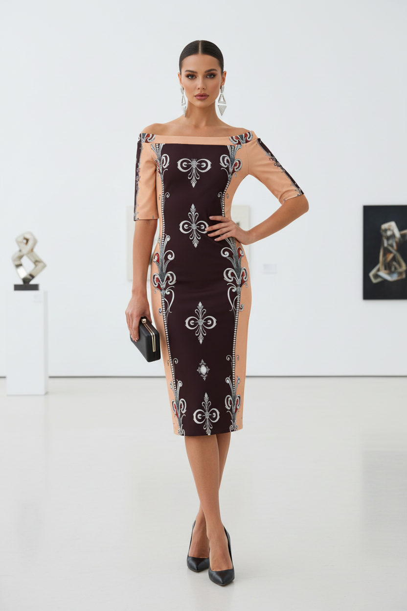 Burgundy Pale Rose off shoulder wrap dress elegant evening outfit with intricate design