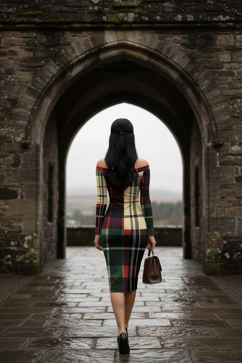 Back view of a woman wearing a burgundy tartan off shoulder midi dress walking through a stone archway