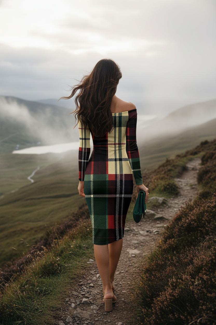 Woman wearing a burgundy tartan off shoulder midi dress walking on a mountain path