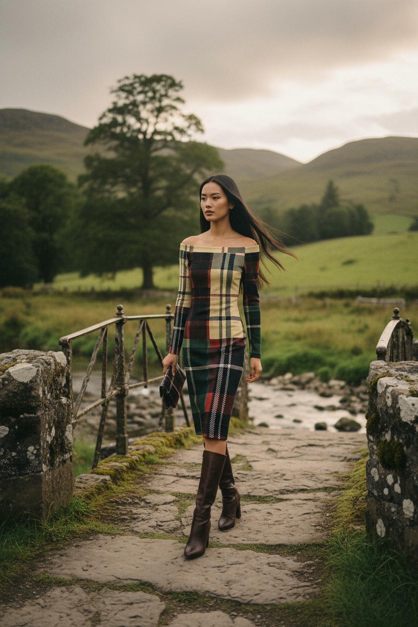 Burgundy tartan off shoulder midi dress worn by woman walking on stone bridge in scenic countryside