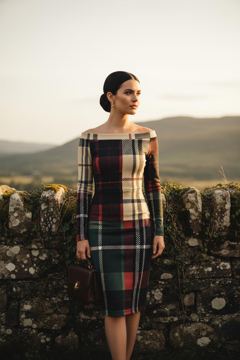 Burgundy tartan off shoulder midi dress from Angelic Blessings Shop worn by woman outdoors with handbag