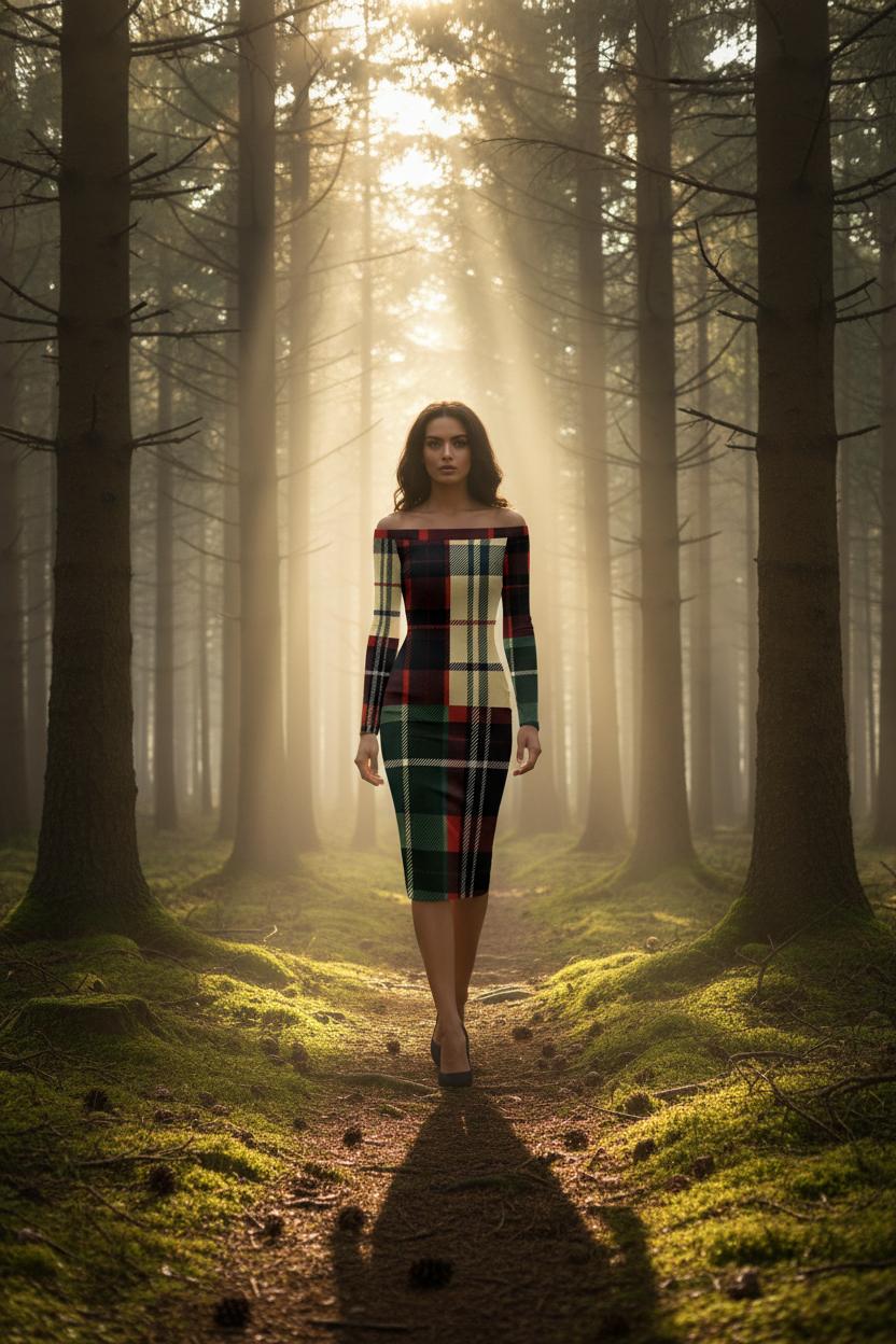 Woman wearing burgundy tartan off shoulder midi dress walking in a sunlit forest path