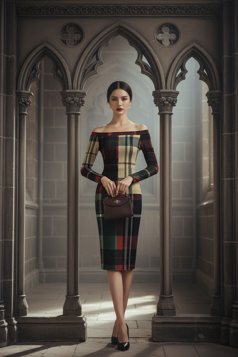 Woman wearing a burgundy tartan off shoulder midi dress from Angelic Blessings Shop in a gothic archway setting