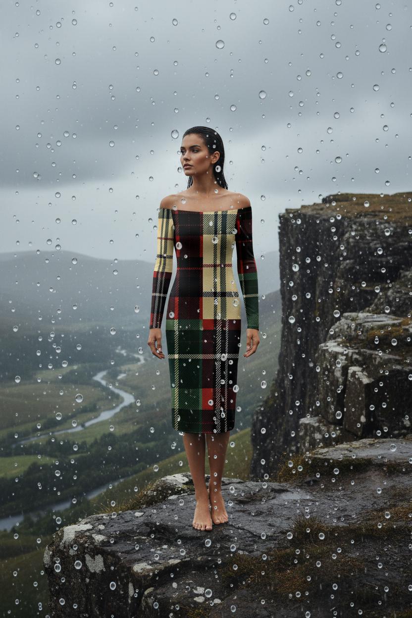 Burgundy tartan off shoulder midi dress worn by model standing barefoot on rocky cliff in rainy weather