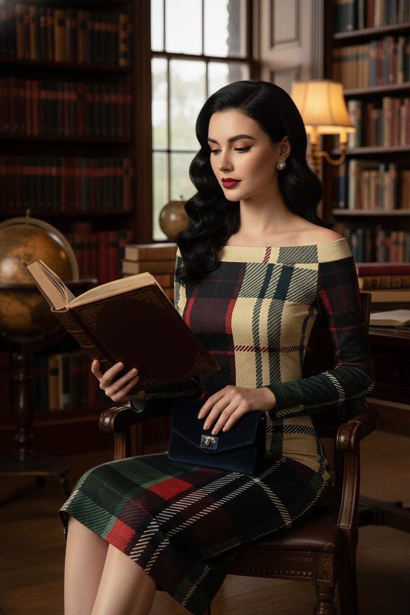 Woman wearing a burgundy tartan off shoulder midi dress reading a book in a classic library setting
