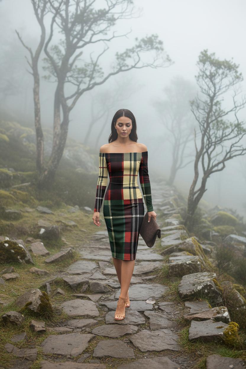 Burgundy tartan off shoulder midi dress worn by woman walking on stone path in foggy forest
