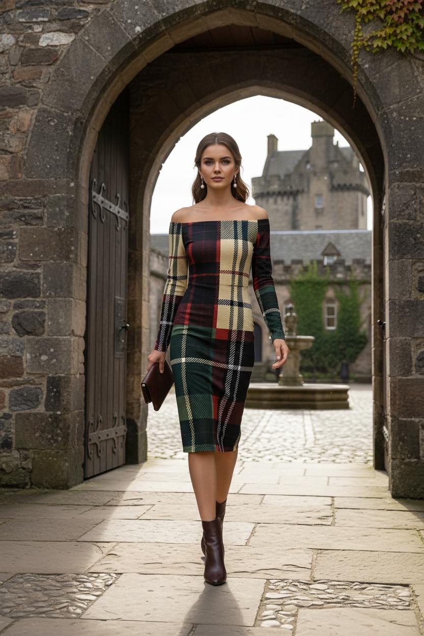 Woman wearing a burgundy tartan off shoulder midi dress walking under stone archway by Angelic Blessings Shop