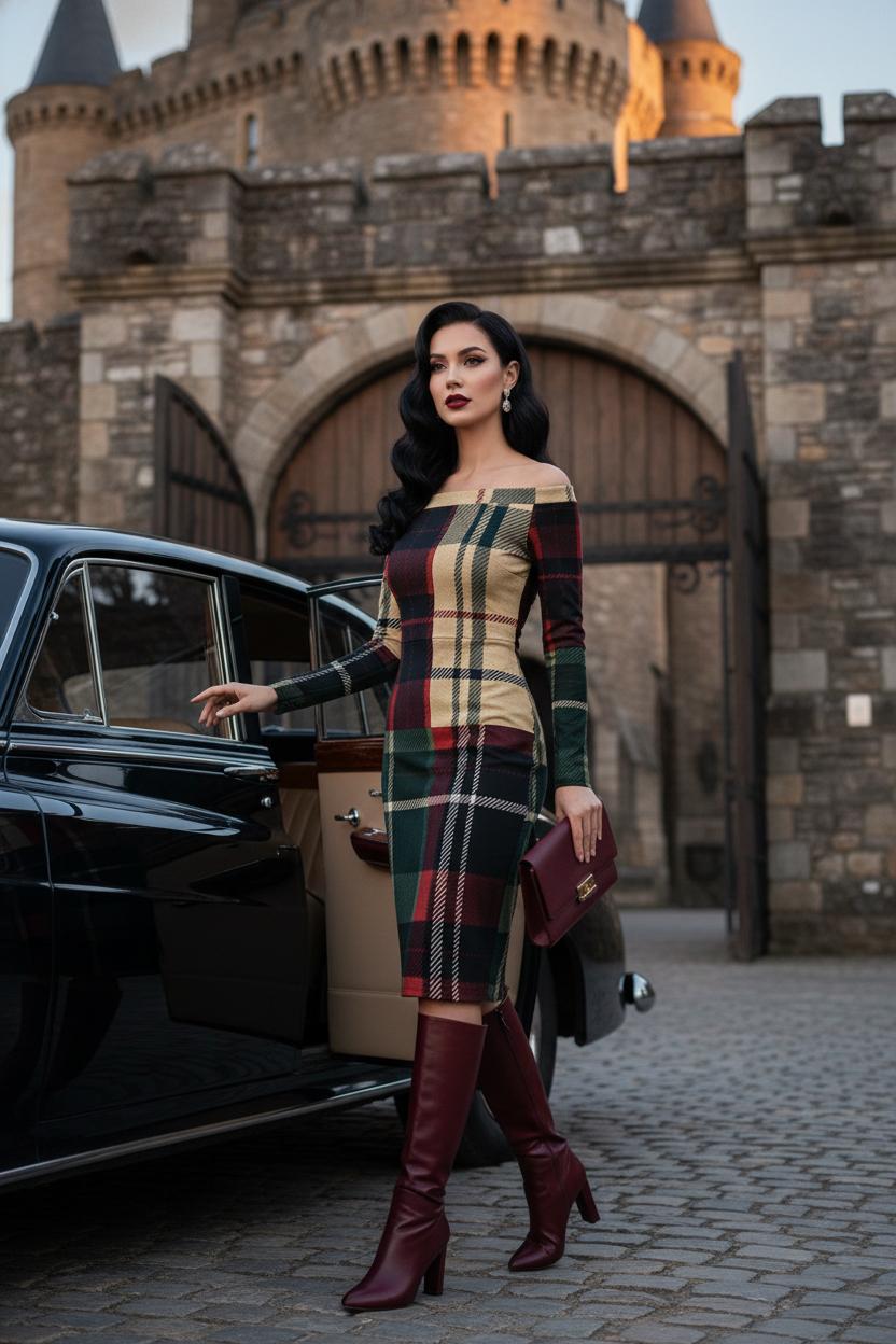 Burgundy tartan off shoulder midi dress worn with matching burgundy boots and clutch near vintage car