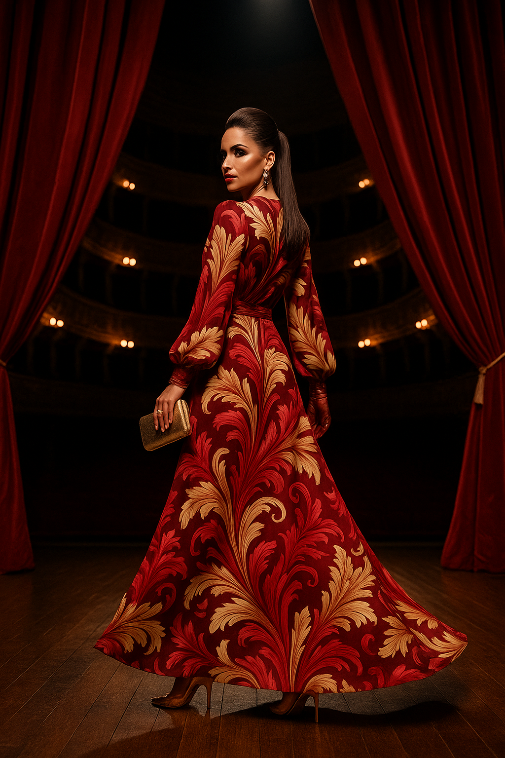 Elegant burgundy Victorian High neck maxi dress with gold leaf pattern and long sleeves
