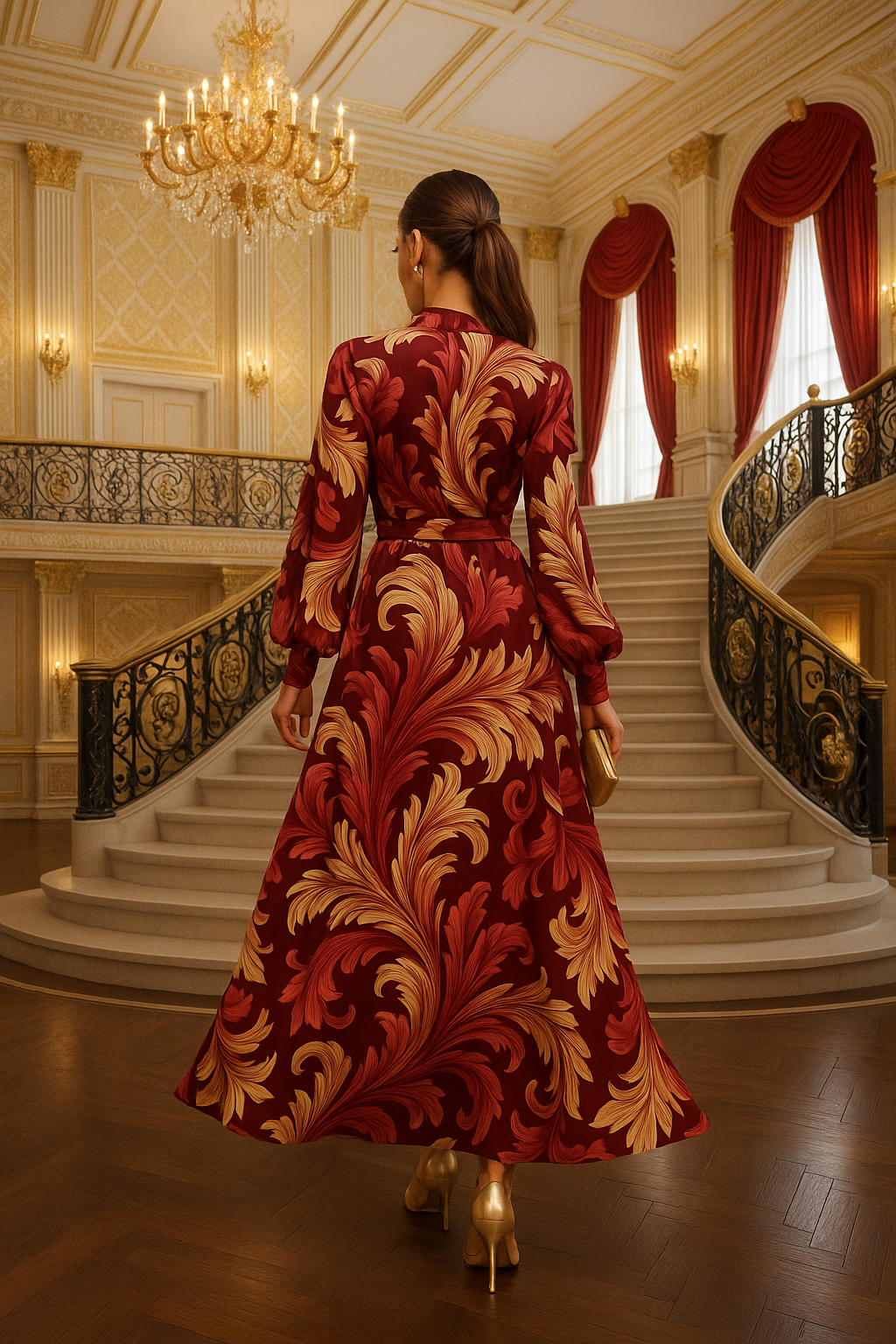 Burgundy Victorian High neck maxi dress with gold leaf pattern by Angelic Blessings Shop in grand staircase setting
