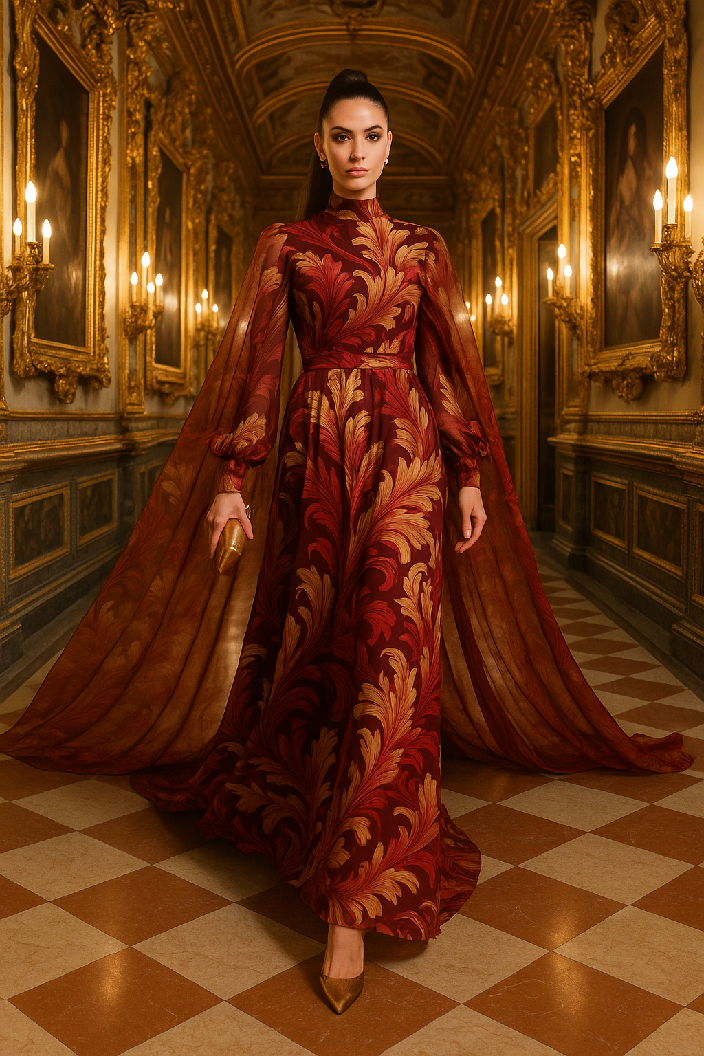 Elegant burgundy Victorian High neck maxi dress with long sheer sleeves and intricate gold leaf pattern