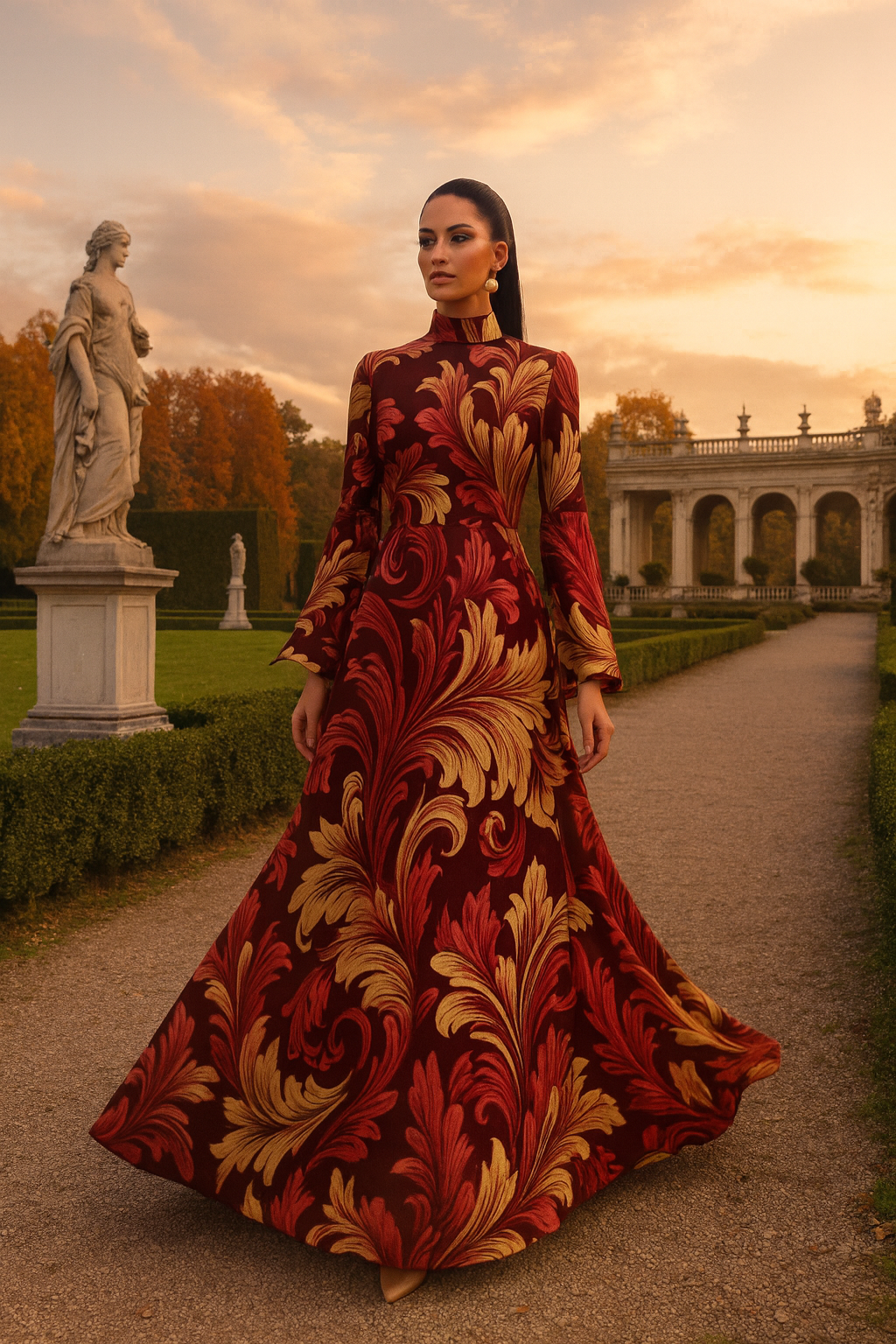 Burgundy Victorian High neck maxi dress with gold leaf pattern worn by model in garden at sunset