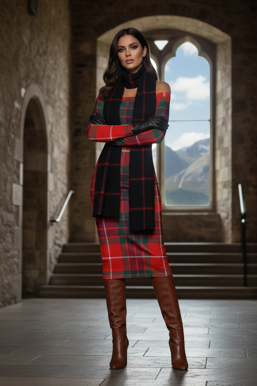 Woman wearing Clan Fraser tartan off shoulder dress with long sleeves and brown knee-high boots