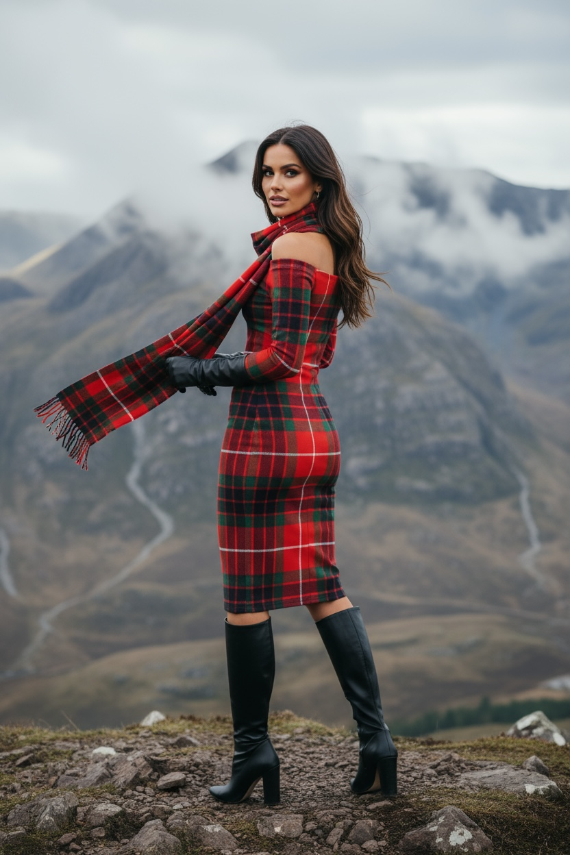 Clad woman wearing Clan Fraser tartan off shoulder dress with matching scarf and black boots on mountain