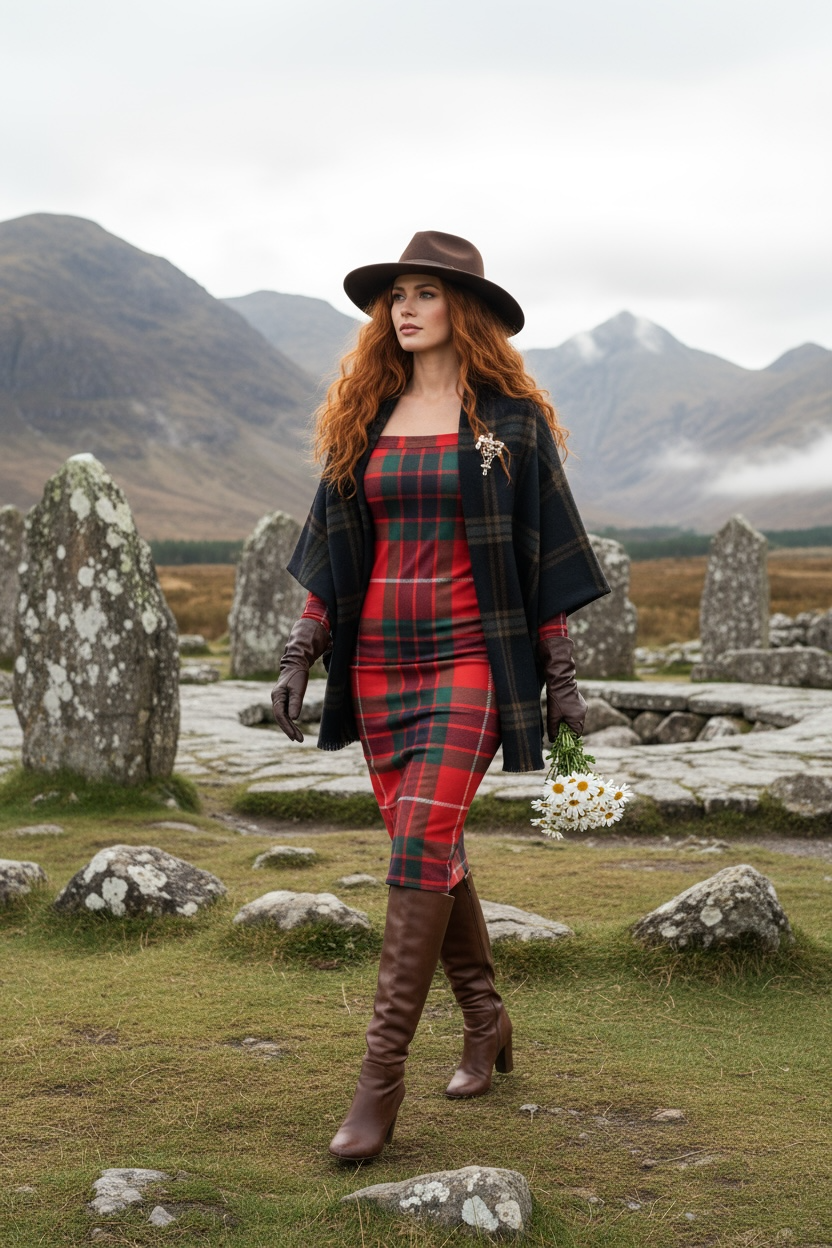Woman wearing Clan Fraser tartan off shoulder dress in scenic stone circle with mountains in background