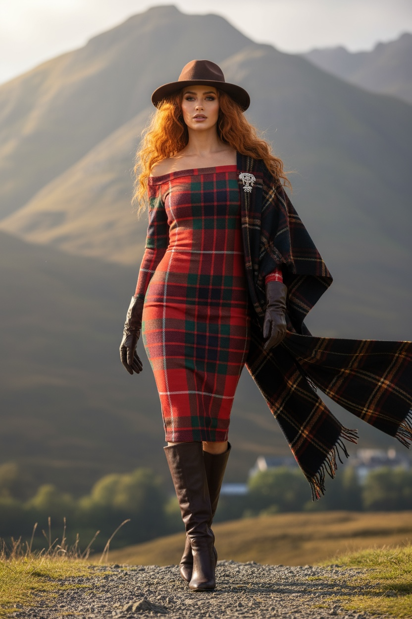 Woman wearing Clan Fraser tartan off shoulder dress with long sleeves and brown hat in scenic mountain landscape