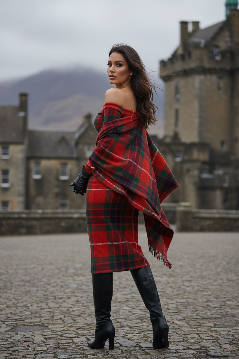 Woman wearing a Clan Fraser tartan off shoulder dress with matching shawl and black boots outdoors