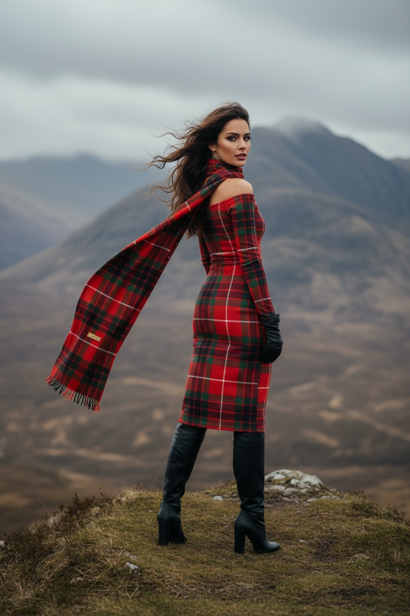 Woman wearing a Clan Fraser tartan off shoulder dress with matching scarf and black boots in a mountain landscape