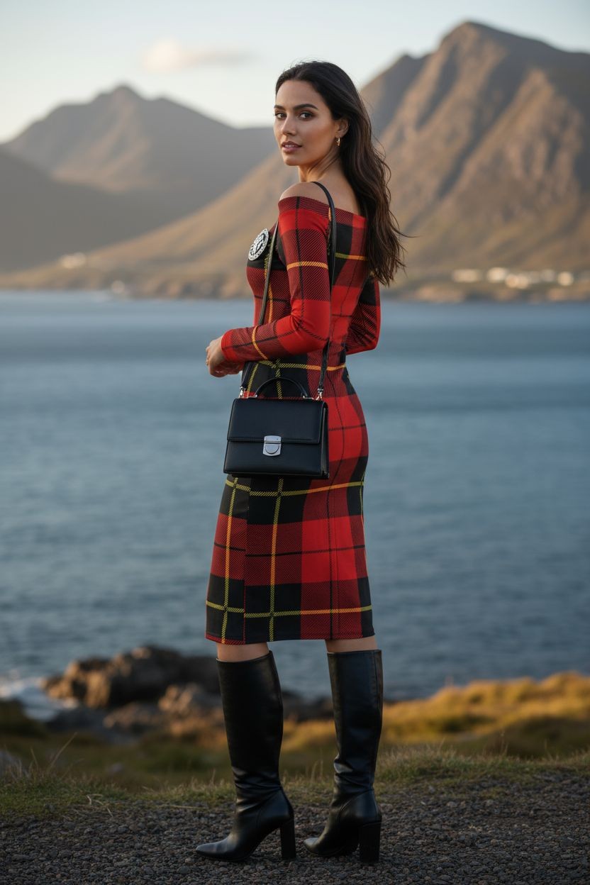Clan Wallace Tartan Off-The-Shoulder Long Sleeve Midi Bodycon Wrap Dress - Angelic Blessings