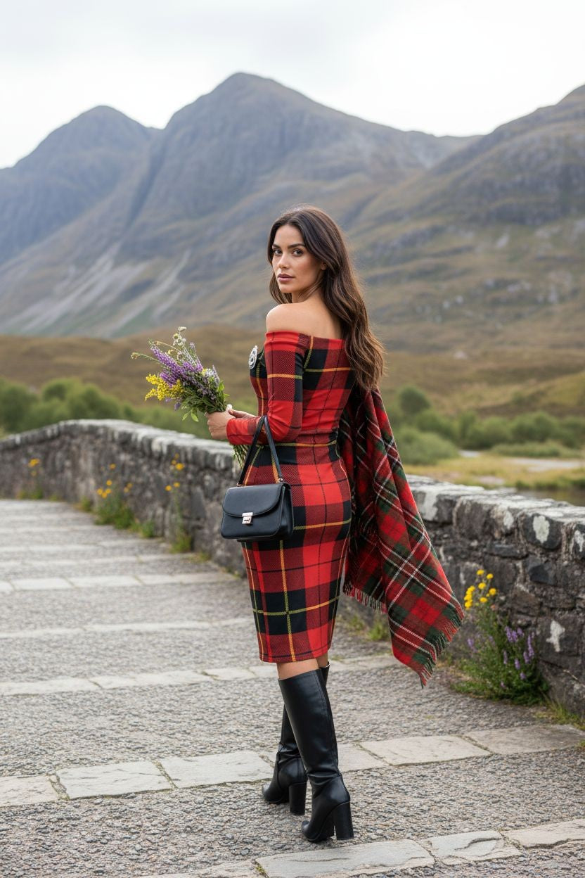Clan Wallace Tartan Off-The-Shoulder Long Sleeve Midi Bodycon Wrap Dress - Angelic Blessings