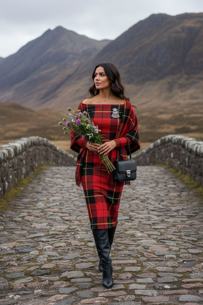 Clan Wallace Tartan Off-The-Shoulder Long Sleeve Midi Bodycon Wrap Dress - Angelic Blessings