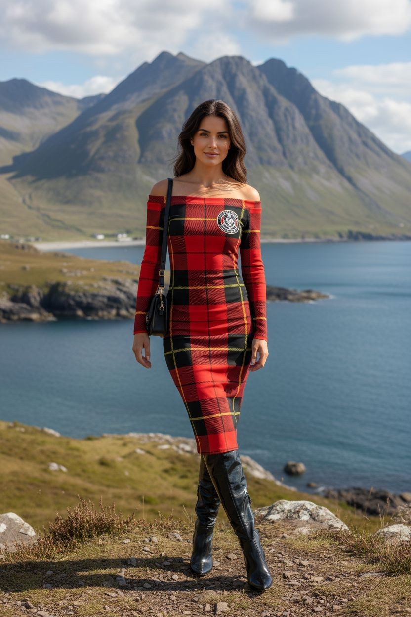 Clan Wallace Tartan Off-The-Shoulder Long Sleeve Midi Bodycon Wrap Dress - Angelic Blessings