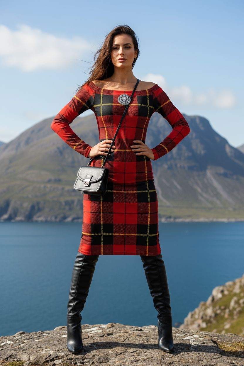 Clan Wallace Tartan Off-The-Shoulder Long Sleeve Midi Bodycon Wrap Dress - Angelic Blessings