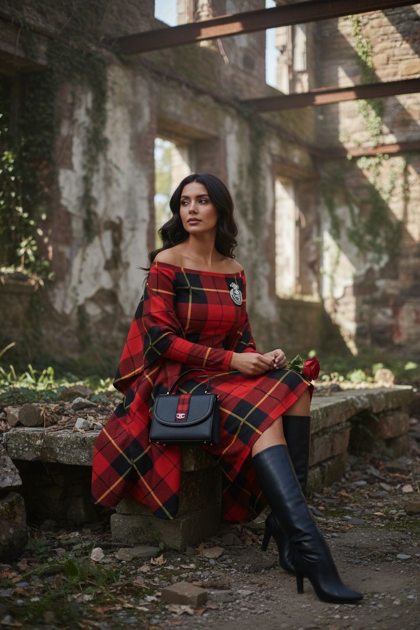 Clan Wallace Tartan Off-The-Shoulder Long Sleeve Midi Bodycon Wrap Dress - Angelic Blessings