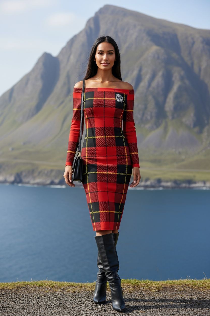 Clan Wallace Tartan Off-The-Shoulder Long Sleeve Midi Bodycon Wrap Dress - Angelic Blessings