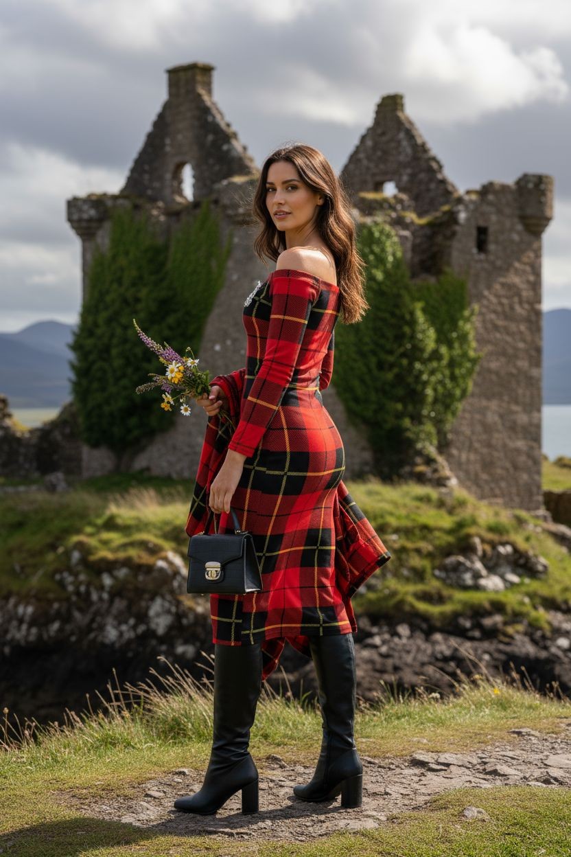 Clan Wallace Tartan Off-The-Shoulder Long Sleeve Midi Bodycon Wrap Dress - Angelic Blessings
