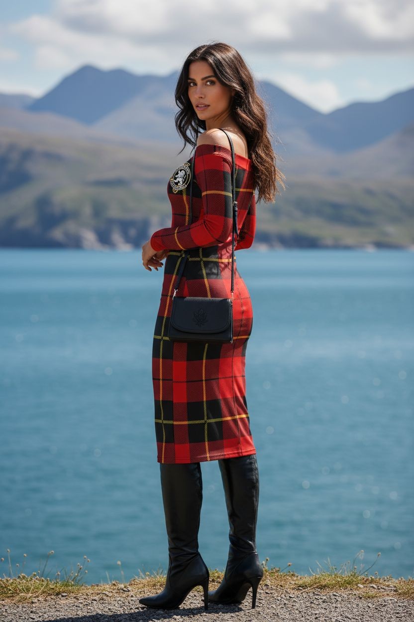 Clan Wallace Tartan Off-The-Shoulder Long Sleeve Midi Bodycon Wrap Dress - Angelic Blessings