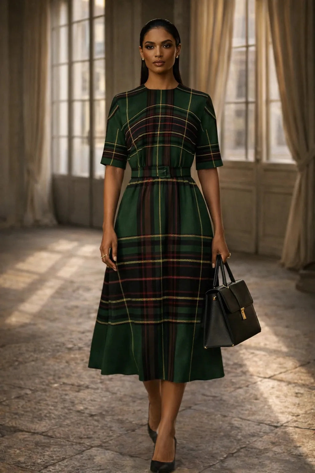 Classic tartan midi dress styled for city elegance and cultural outings.