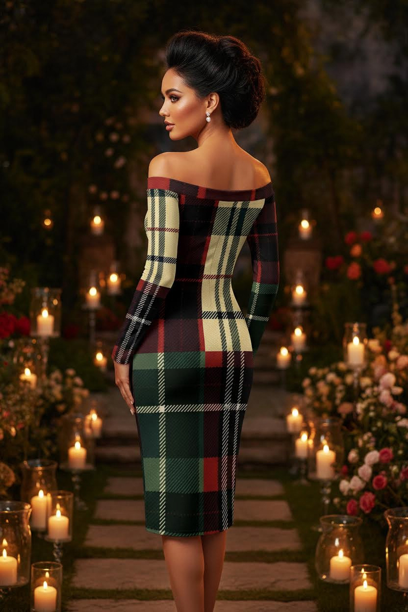 Heritage tartan evening dress with long sleeves and fitted silhouette