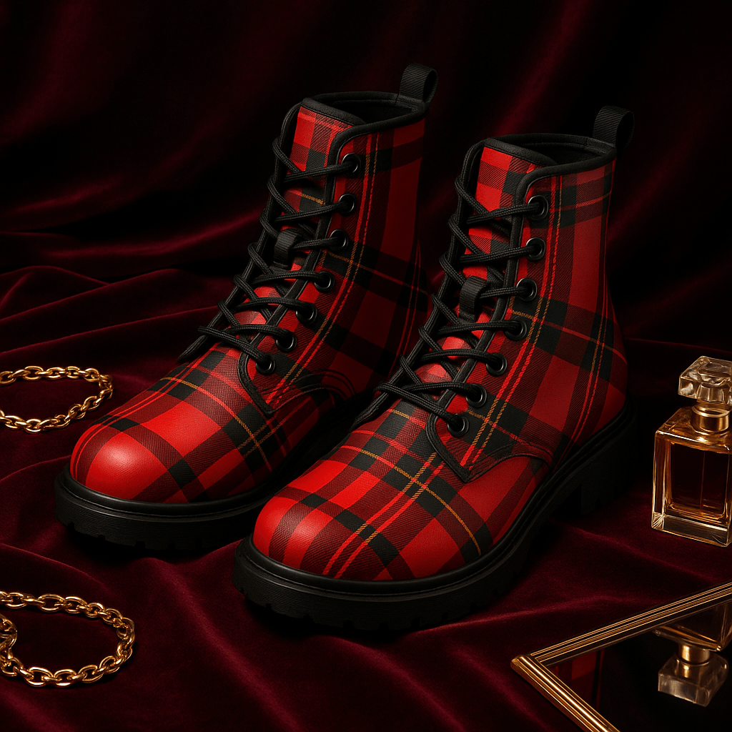 Red tartan vegan leather boots with black laces and rugged soles from Angelic Blessings Shop