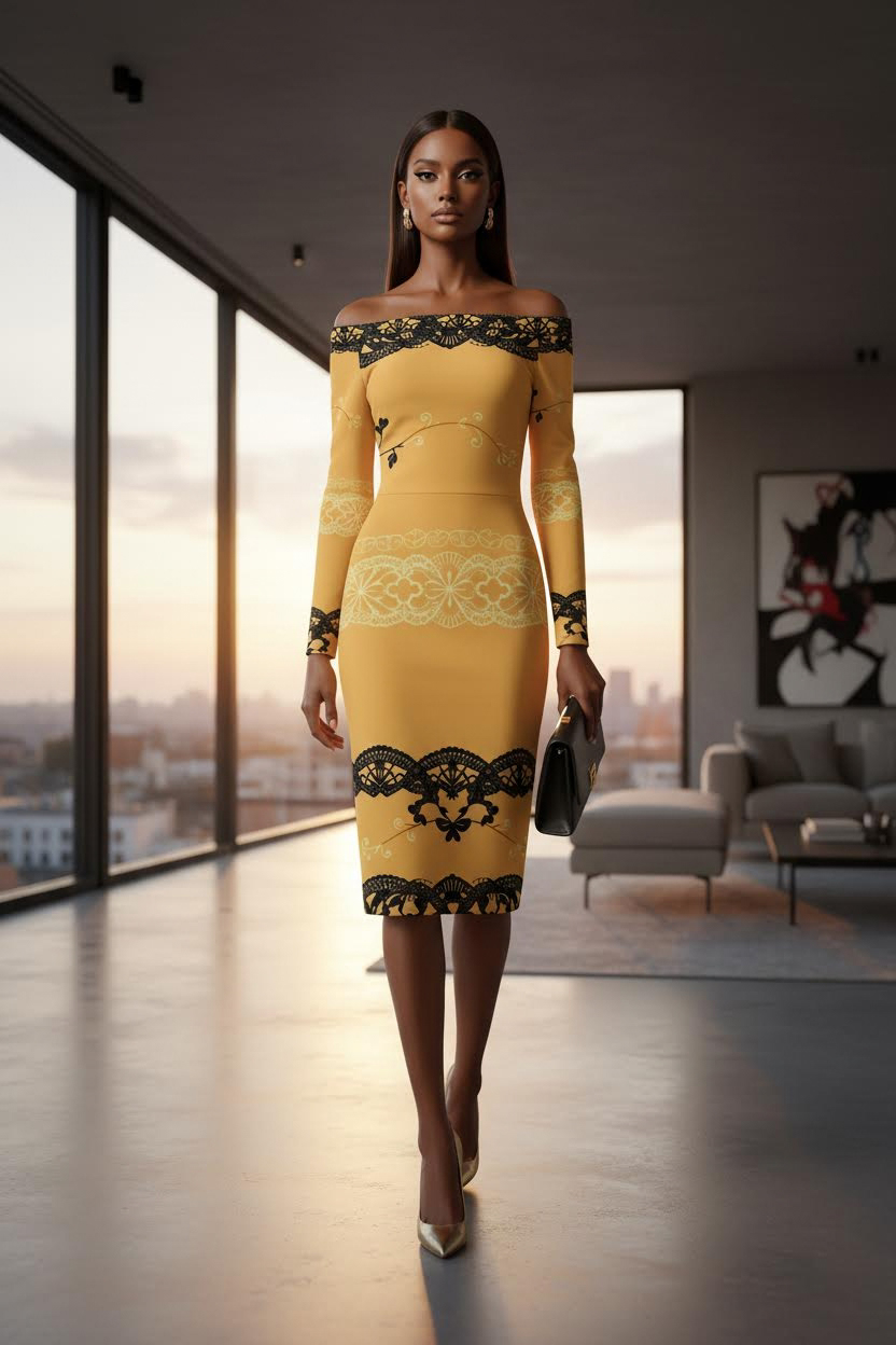 Couture inspired crème and black midi dress with off shoulder neckline