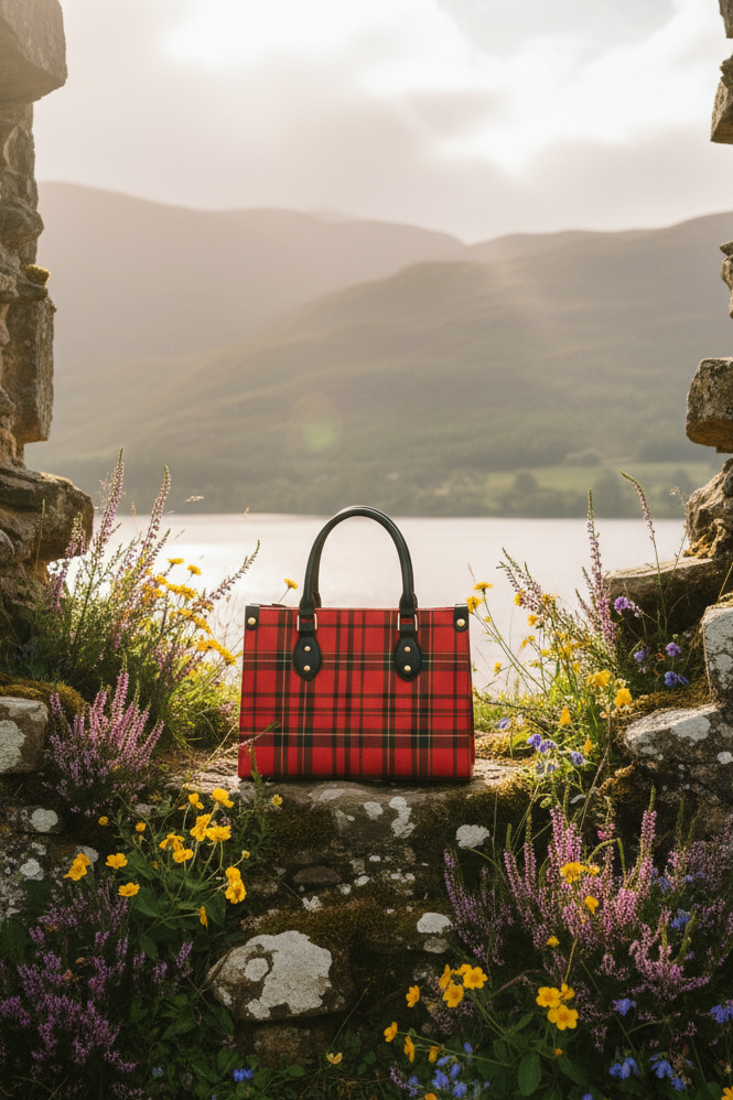 Red plaid handbag  by Angelic Blessings shop on a stone wall with a scenic background of mountains and water.