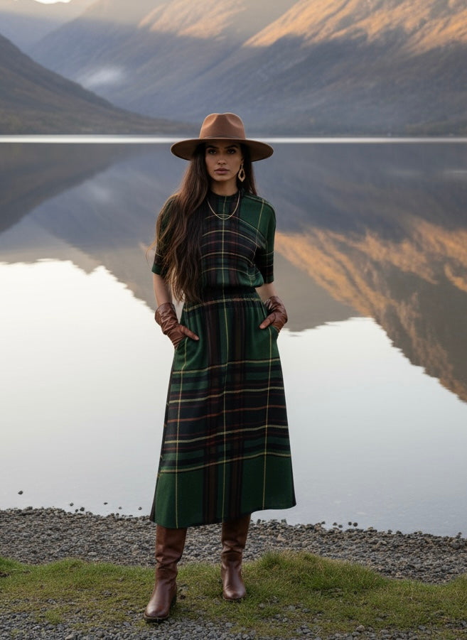 Woman wearing Cramond tartan midi dress with long sleeves and pockets by Angelic Blessings Shop outdoors