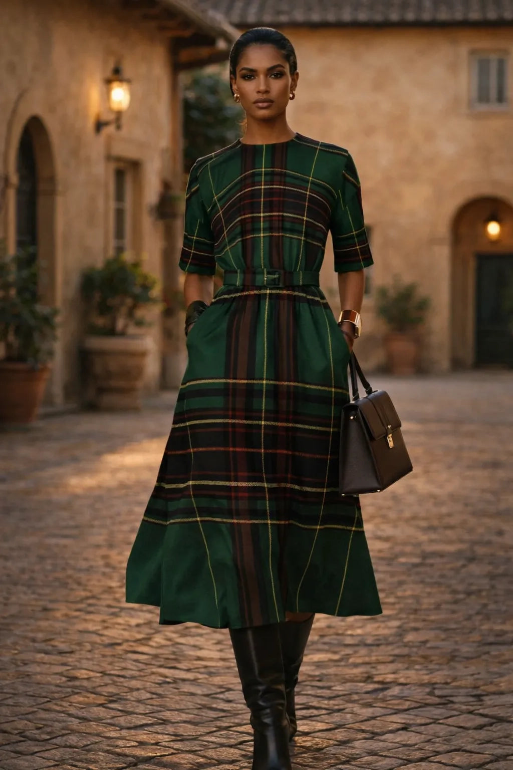 Cramond tartan green midi dress styled as an elegant heritage outfit for women.