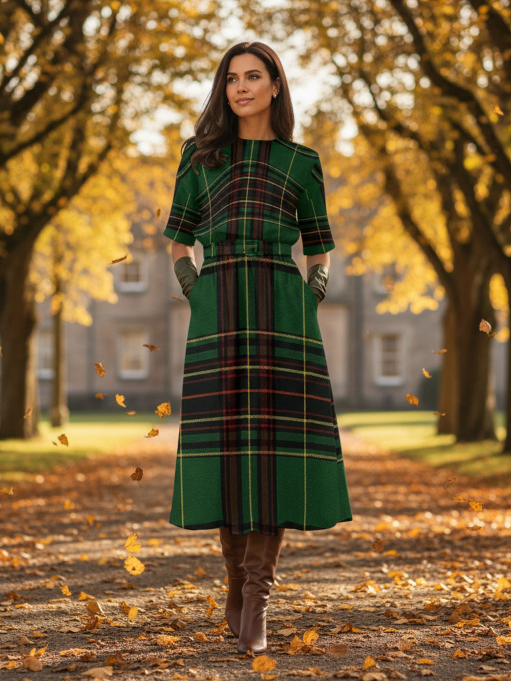 Woman wearing Cramond tartan midi dress with green and black plaid pattern in autumn park