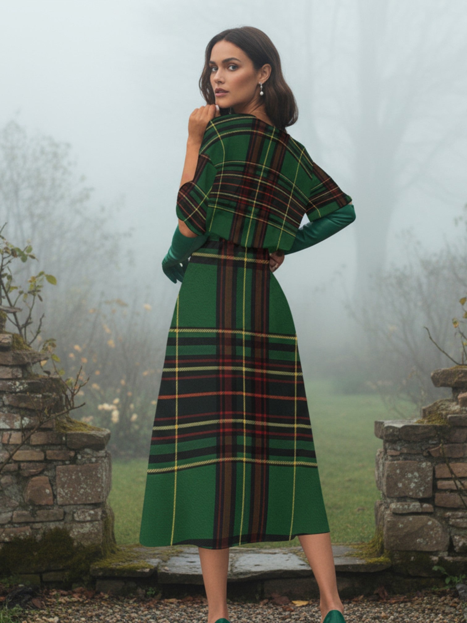 Woman wearing Cramond tartan midi dress in green plaid standing outdoors near stone walls