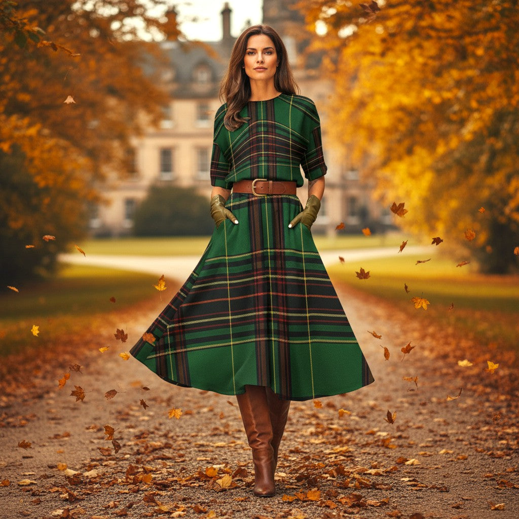 Woman wearing a green Cramond tartan midi dress with a belt standing on a leaf-covered path in autumn