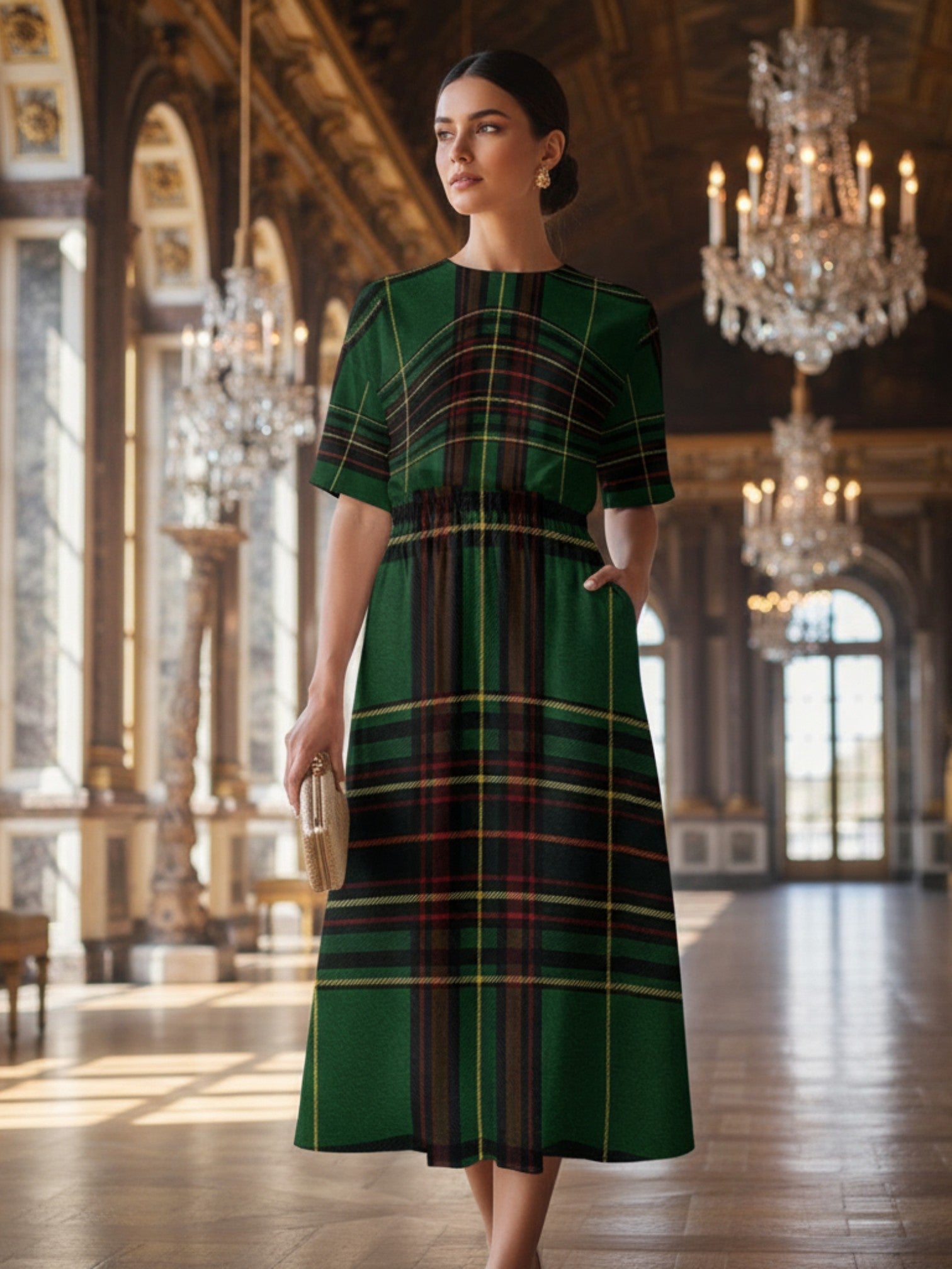 Woman wearing Angelic Blessings Shop Cramond tartan midi dress with green plaid pattern in elegant room