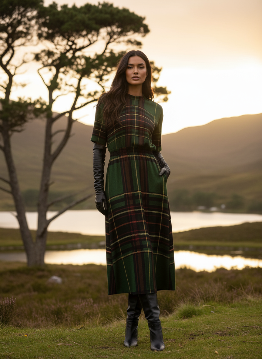 Woman wearing a green Cramond tartan midi dress standing outdoors near a lake at sunset