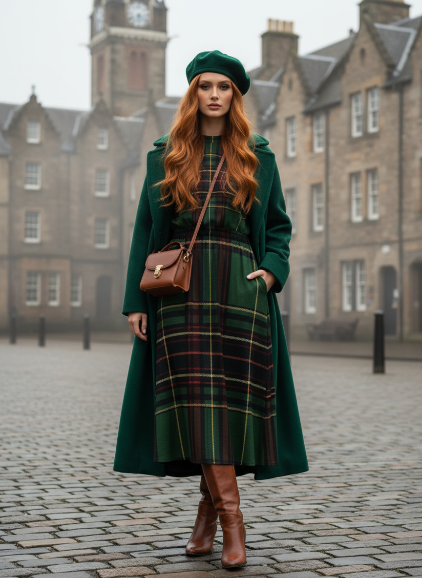 Woman wearing a green Cramond tartan midi dress paired with a dark green coat, beret, and brown boots