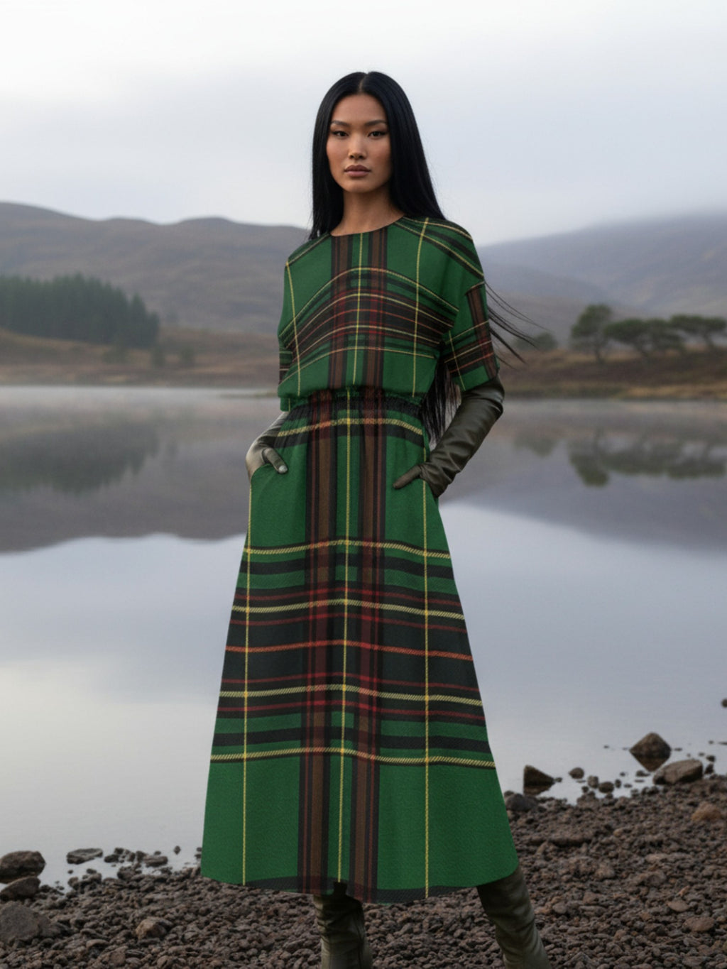 Model wearing green Cramond tartan midi dress by Angelic Blessings Shop standing by a serene lake