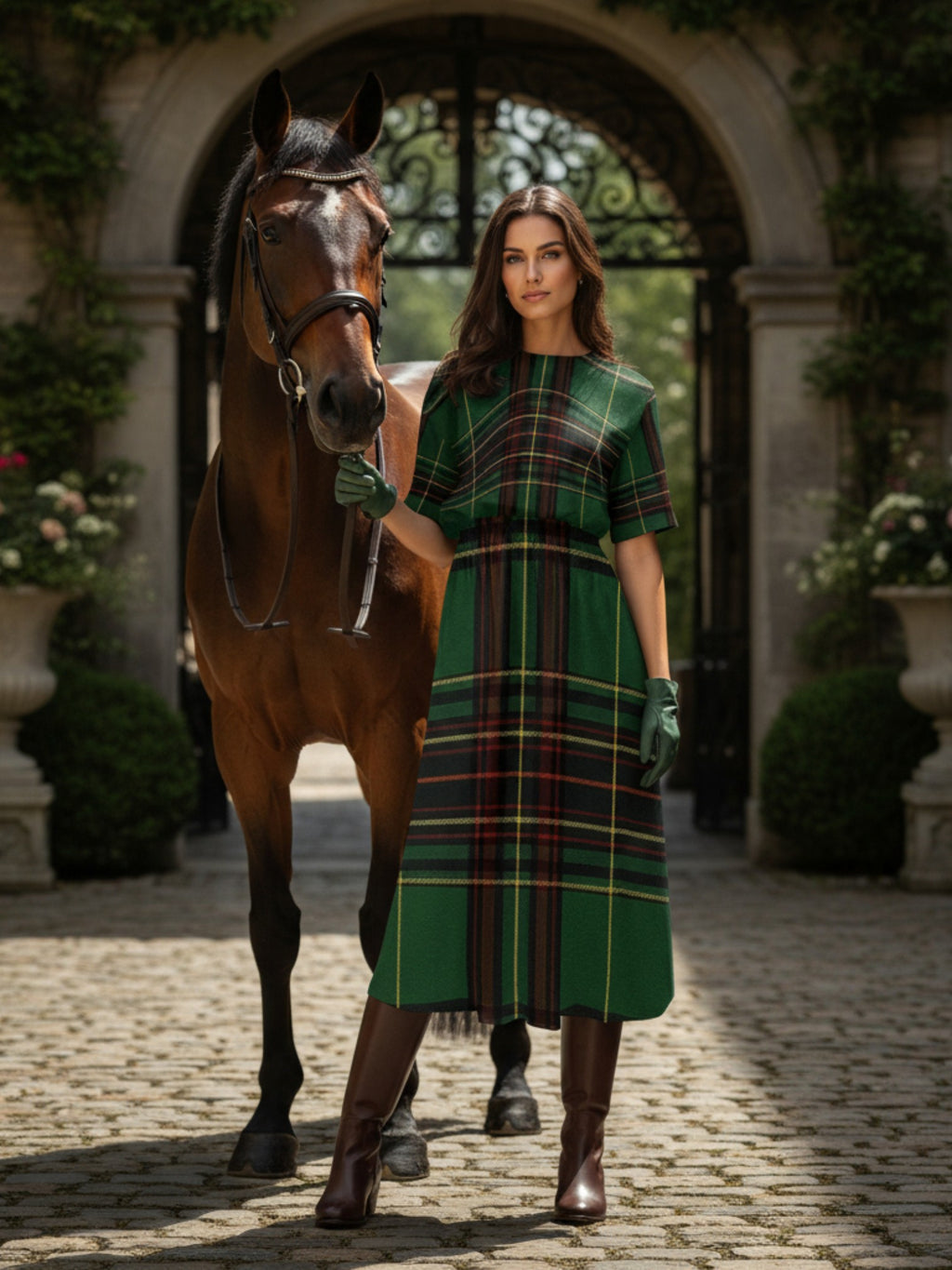 Woman wearing Cramond tartan midi dress standing beside a brown horse in a garden courtyard
