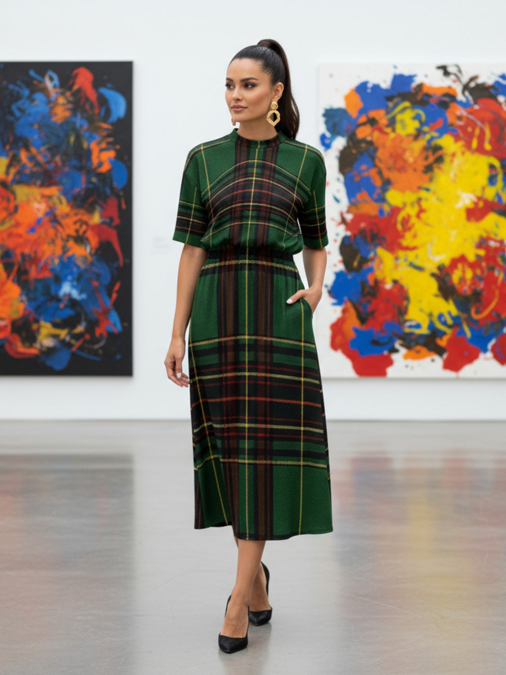 Woman wearing Cramond tartan midi dress from Angelic Blessings Shop in green plaid with short sleeves and pockets