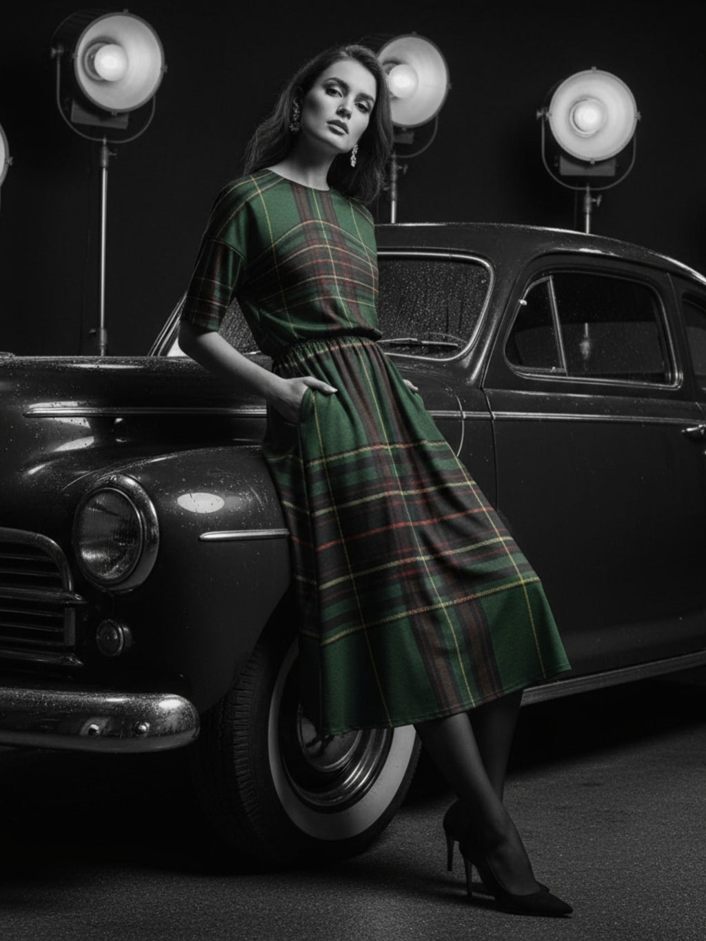 Model wearing Angelic Blessings Shop Cramond tartan midi dress in green with pockets leaning on vintage car