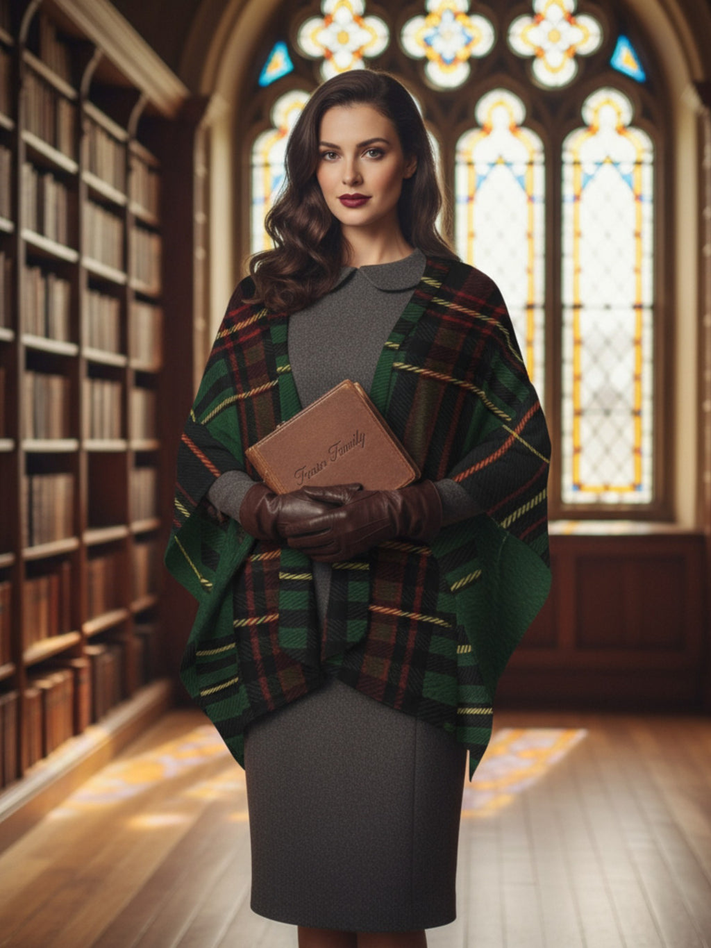 Woman wearing Cramond tartan ruana shawl by Angelic Blessings Shop in a library with stained glass windows