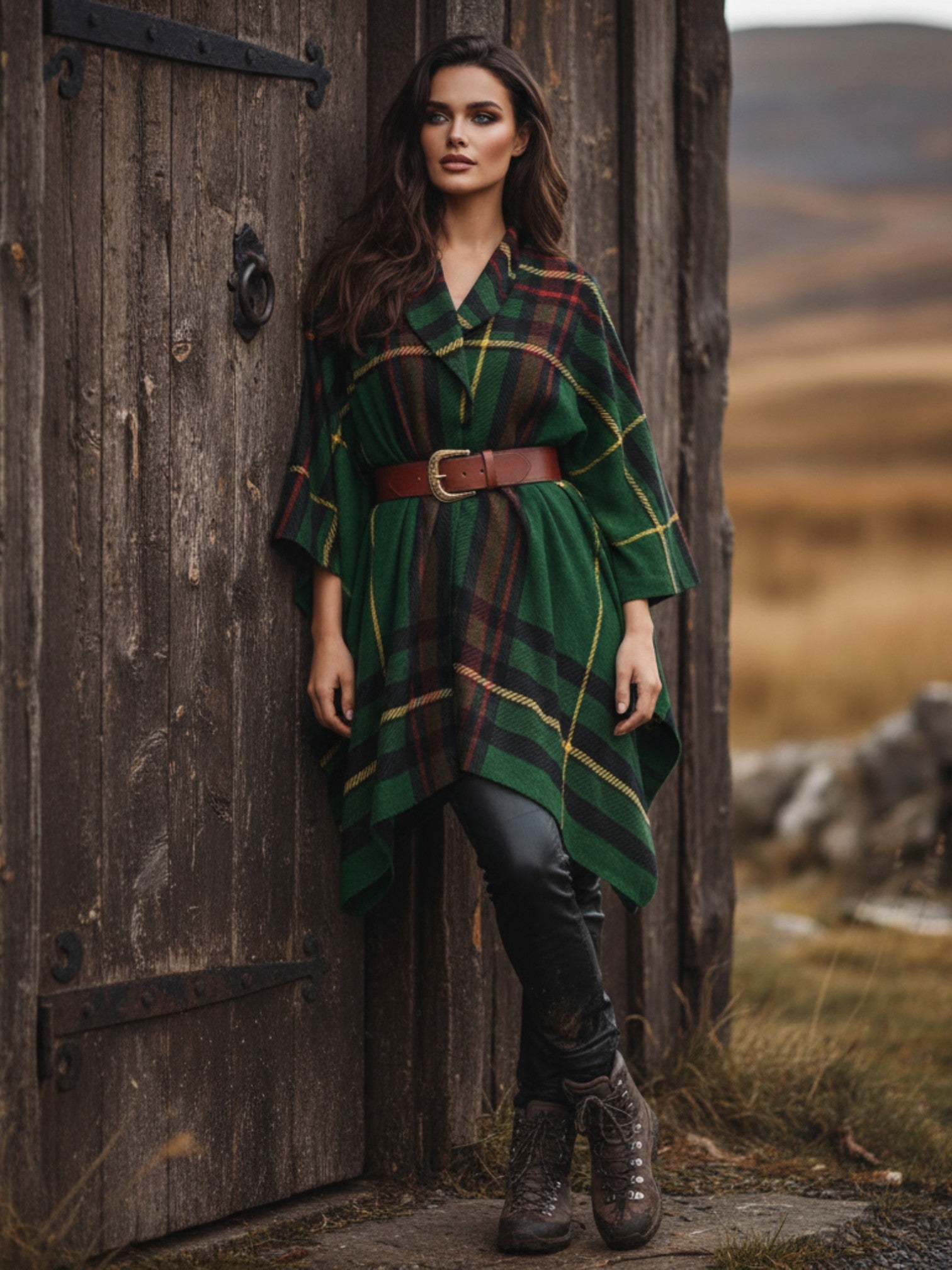 Woman wearing Cramond tartan ruana shawl in green with brown belt standing by wooden door